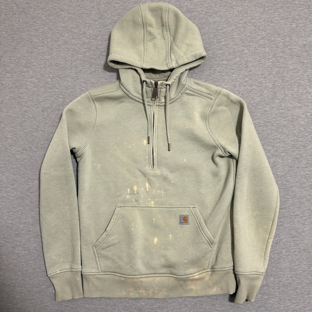 Carhartt Relaxed Fit Quarter Zip Hoodie Distressed Womens Sage Green Size XS